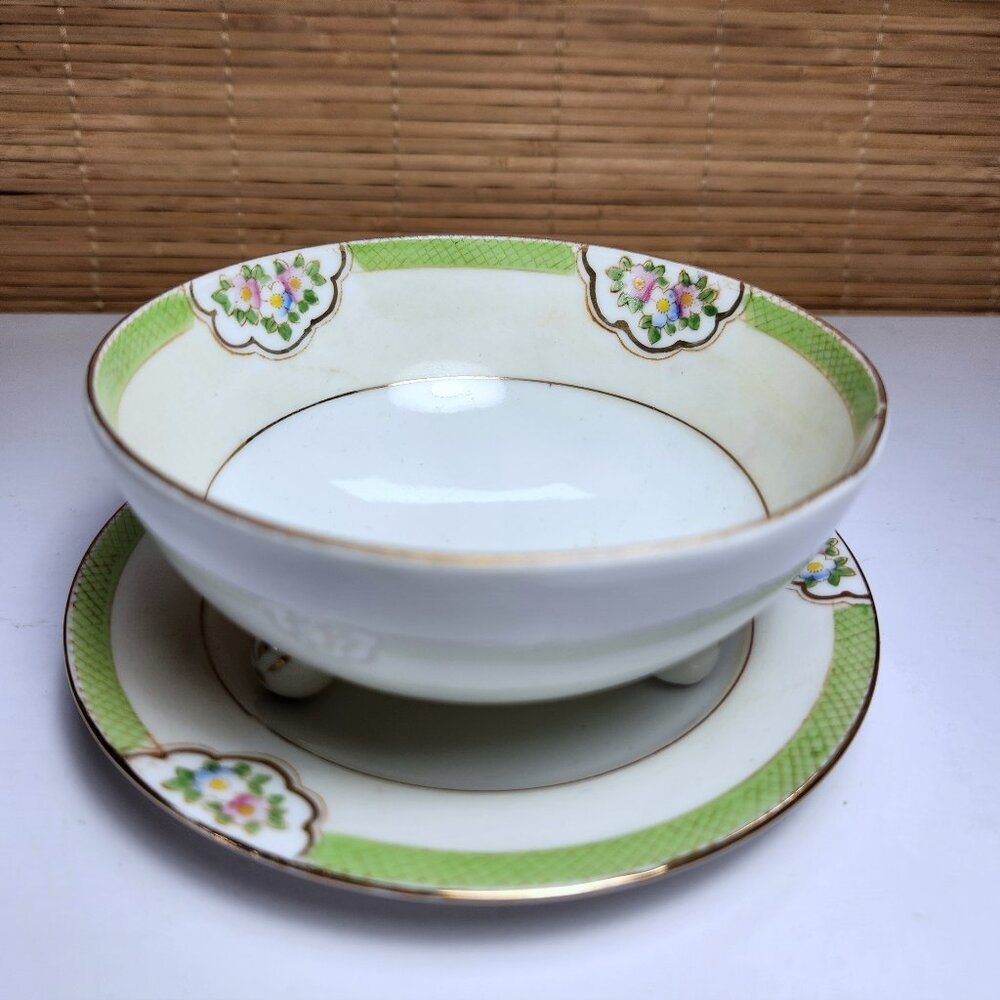 Antique Nippon Hand Painted Footed Bowl Saucer Moriage Green Gold 1910s